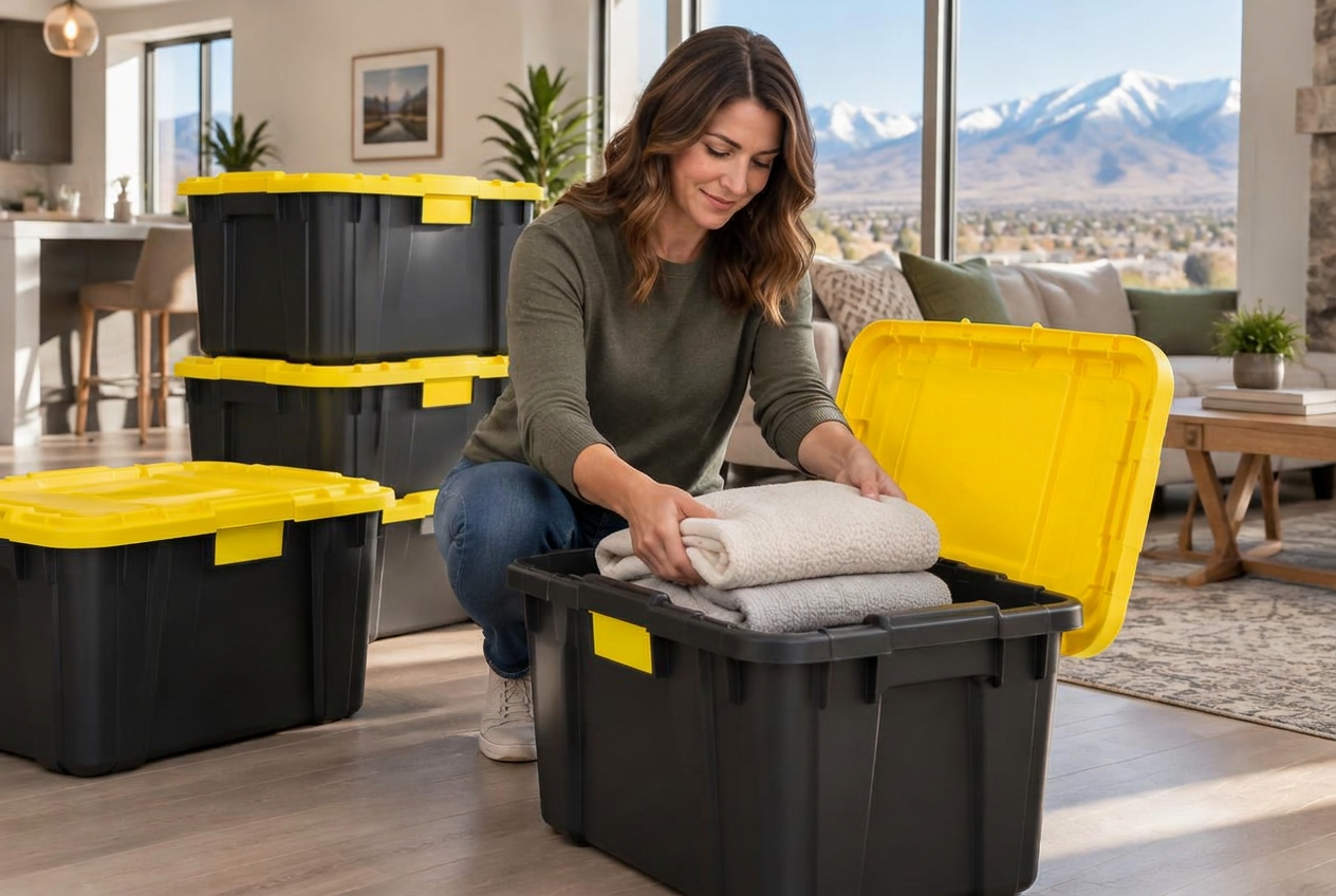 Customer packing linens into a reusable moving tote