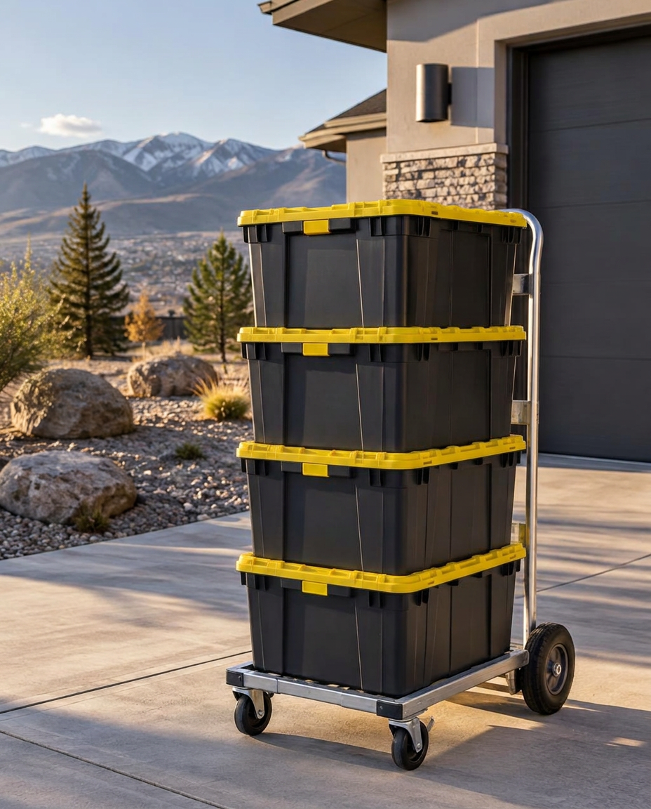 Clean charcoal reusable moving totes stacked on a dolly in Northern Nevada